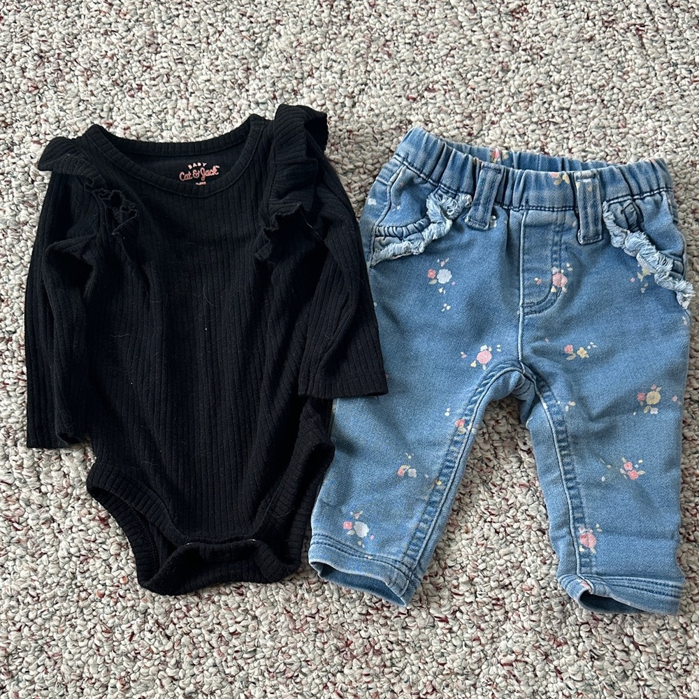 Black Long Sleeve Onesie and Blue Floral Jeans Set